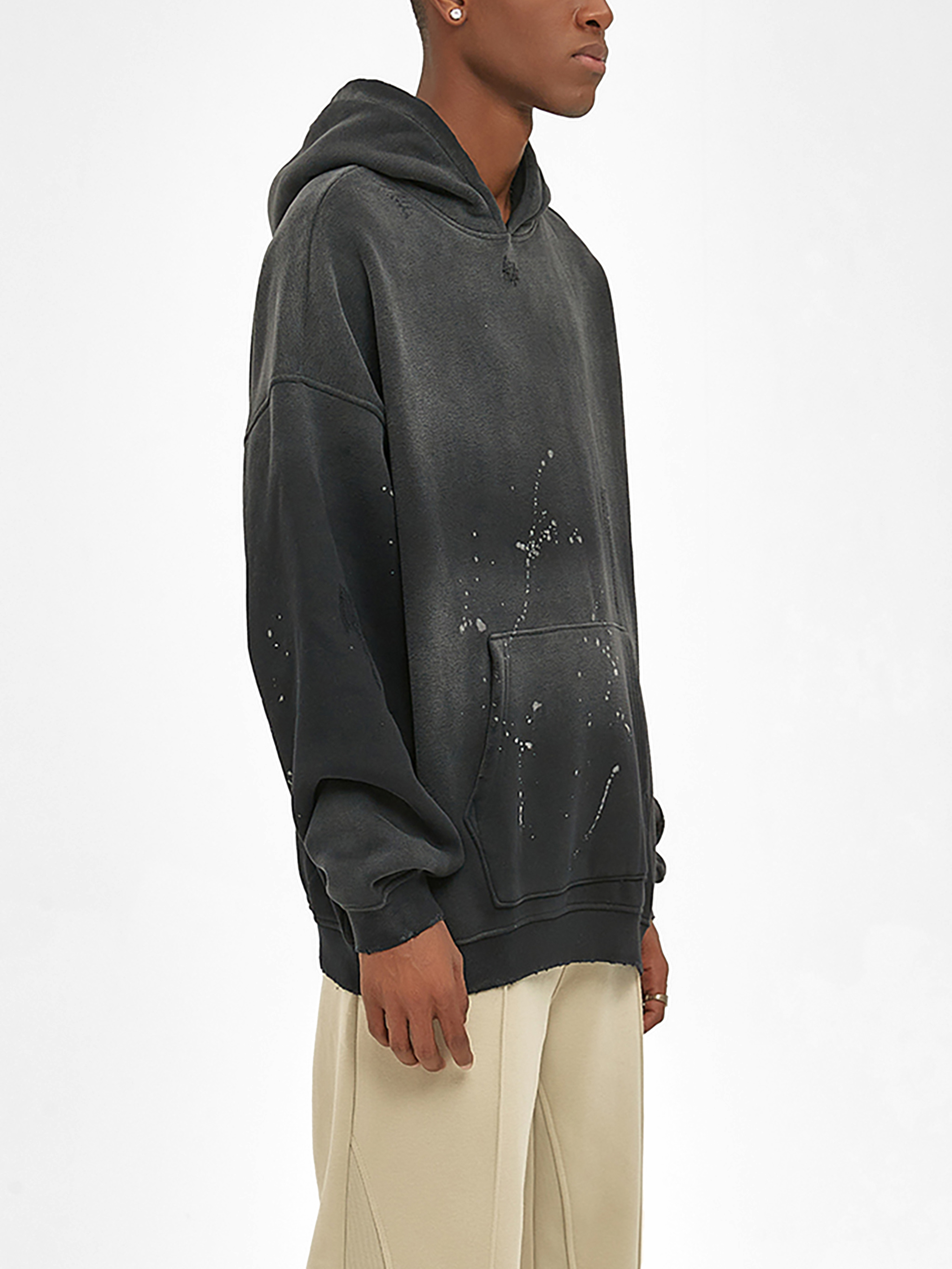 Black)Streetwear Unisex Monkey Washed Frayed Effect Hoodie